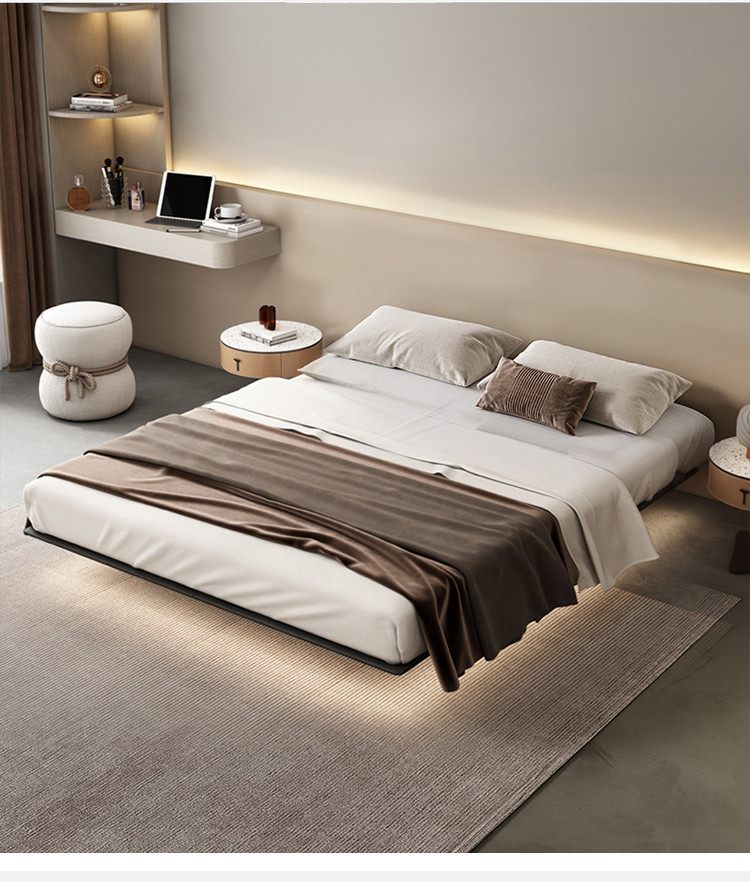 x2米侘寂风2022实木皮民宿悬空带灯声控亚克力酒店卧室现代简约悬浮床