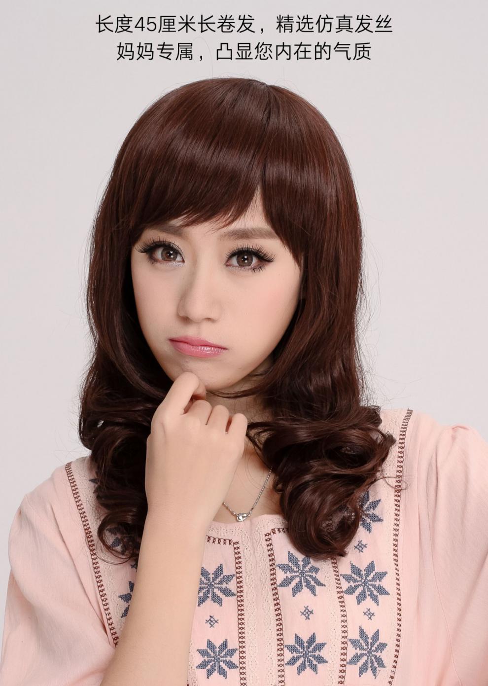 自然真发全头套式大波浪卷发减龄圆脸全真发仿肤递针头旋深棕色小码