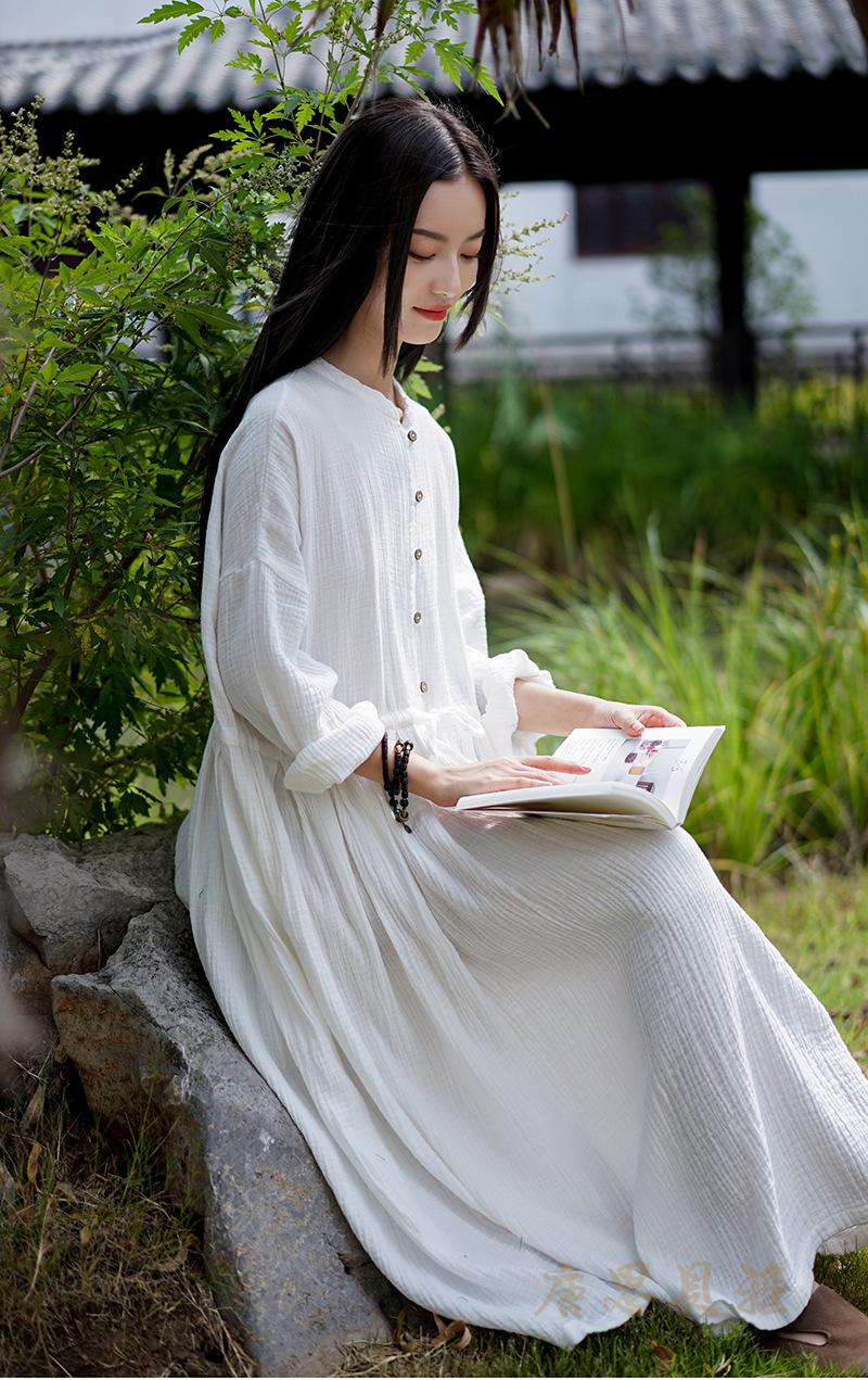 文艺范棉麻春秋款连衣裙2021春秋季新款棉麻女装文艺范双层棉纱系带