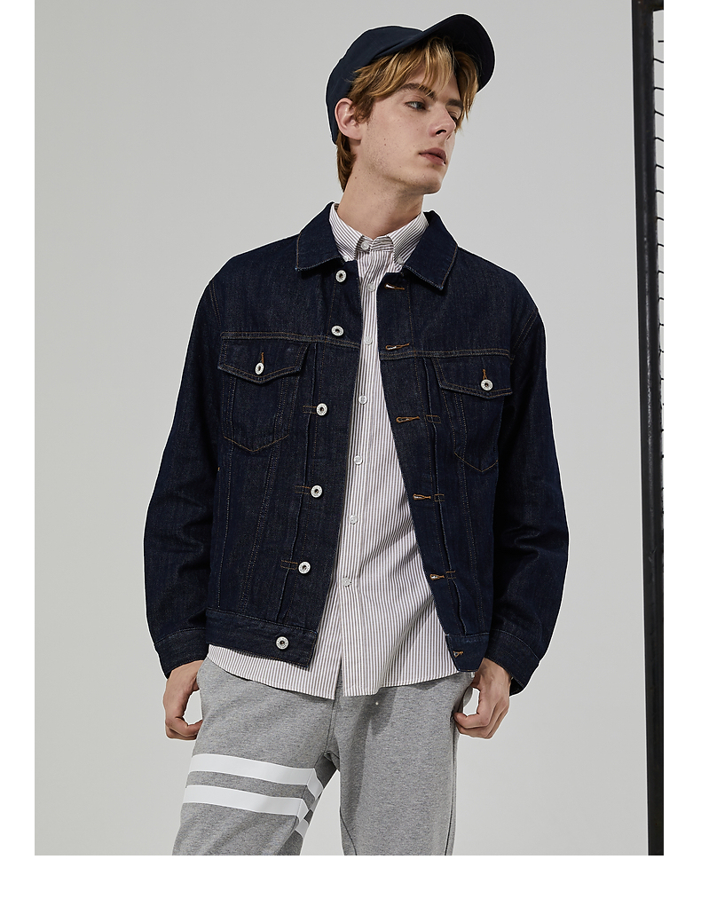 plory秋冬新款纯色宽松牛仔外套男女夹克pojkb8801h靛蓝色175