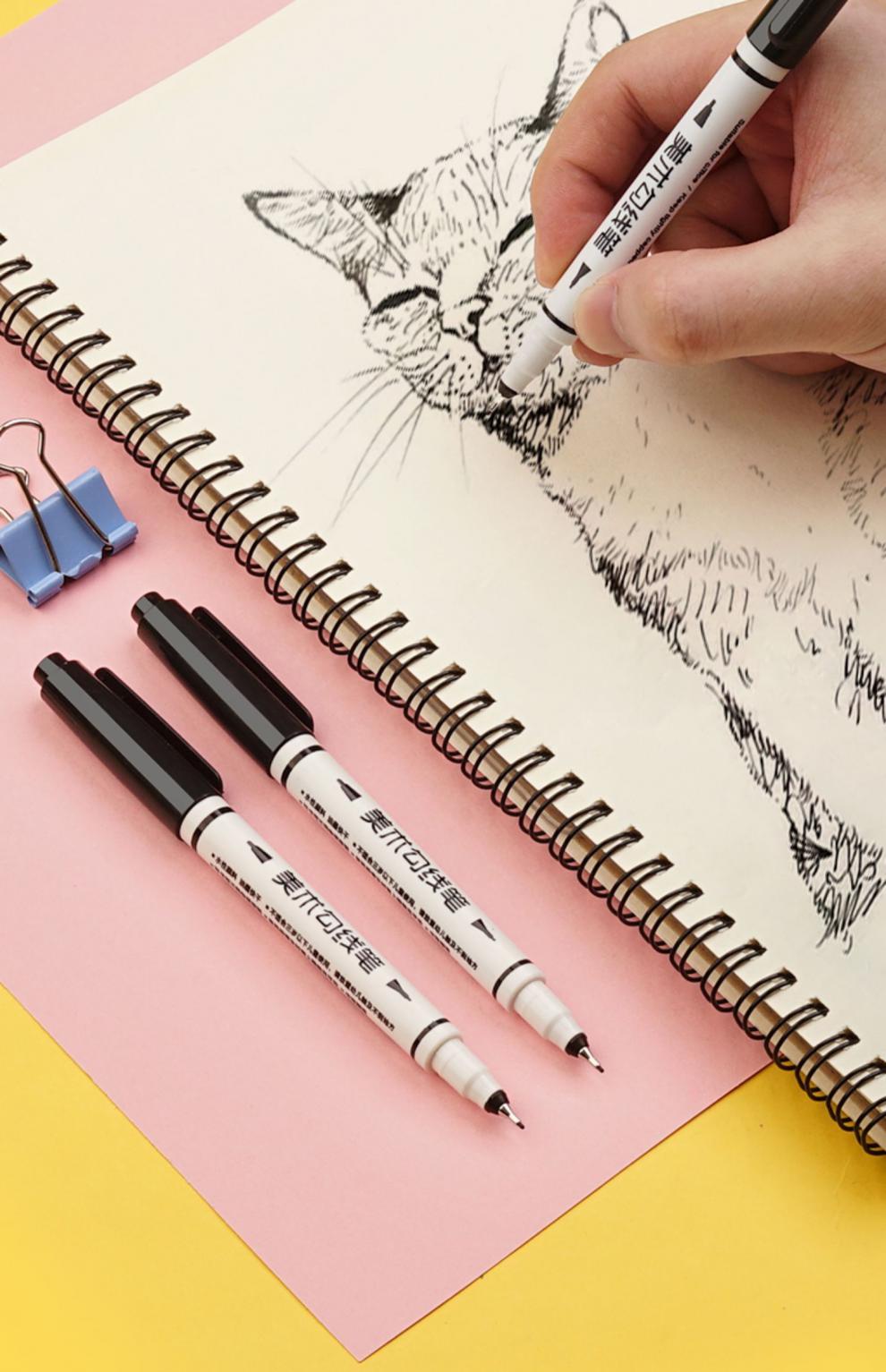 同飞 水性美术勾线笔黑色小双头记号笔儿童画画绘画美术学生用油性笔