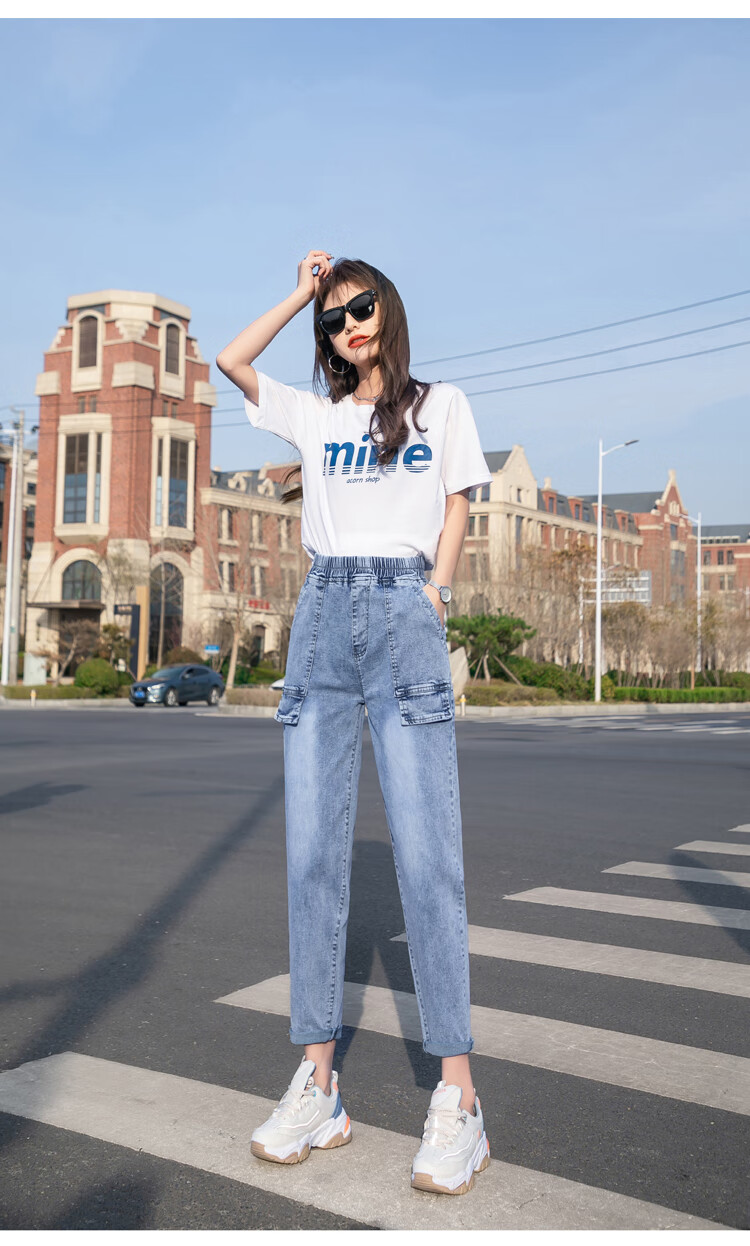 秋天女生裤子韩版宽松初中生高中生秋季牛仔裤小脚少女中时尚潮流哈伦