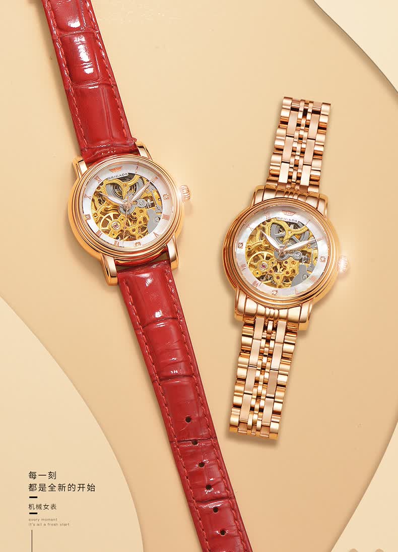 宝茄达正品女士手表女机械表女全自动防水镂空女款时尚女表 玫金色