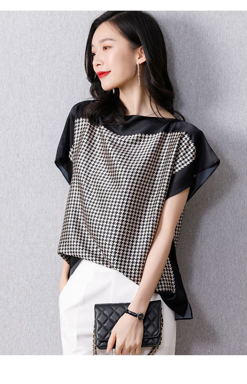 xkpk200斤可穿仿真丝蝙蝠衫上衣女夏季新款千鸟格印花