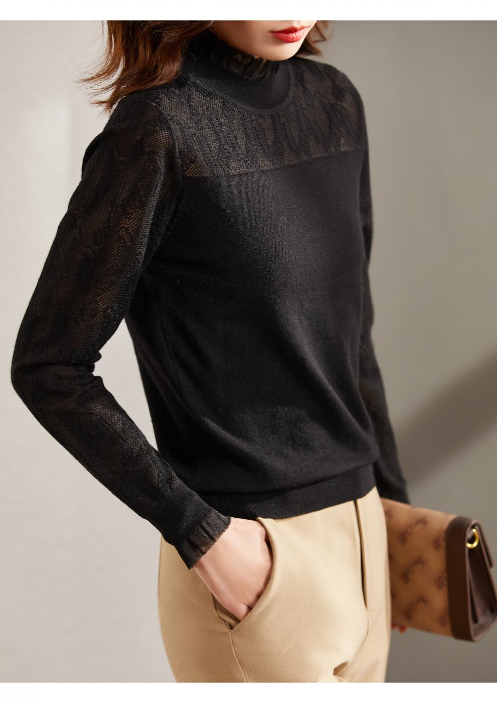 梵希蔓欧根纱拼接立领针织衫女温柔气质秋冬季新款设计感仙气上衣 f