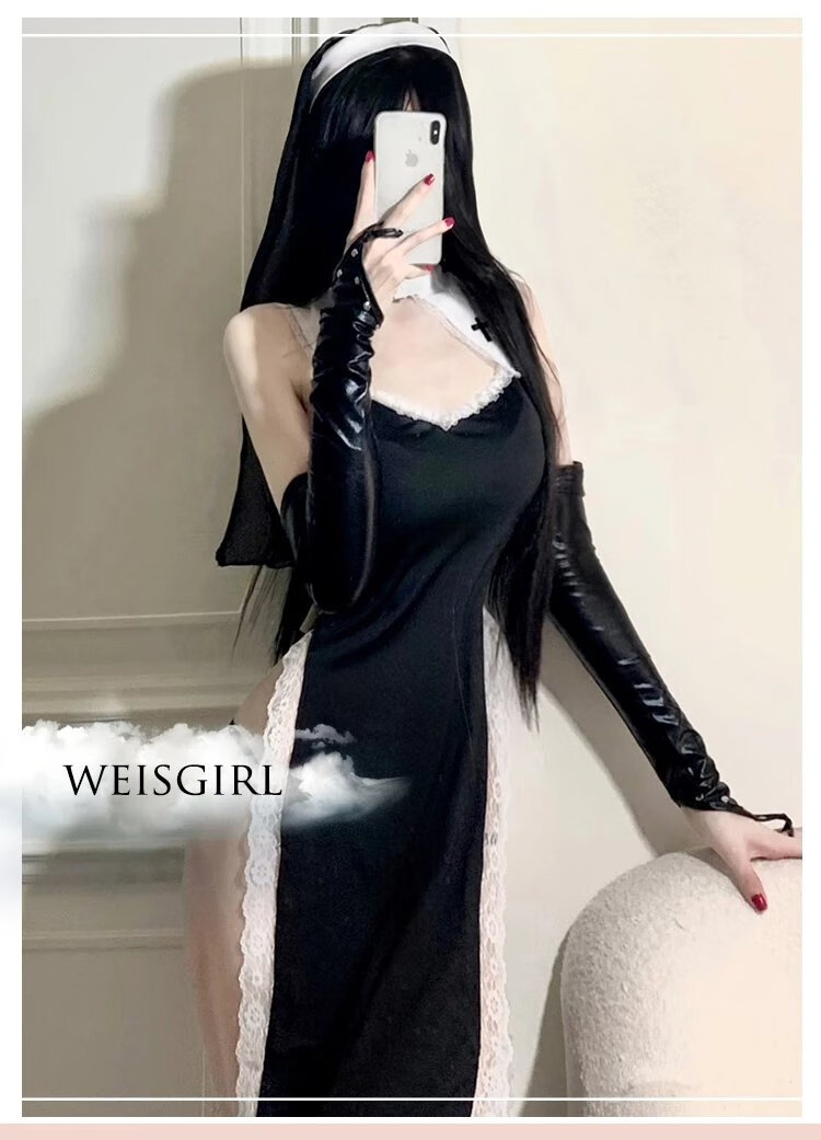 服性感纯欲风修女衣服cos性感制服套装暗黑万圣节护士服装情绪睡衣 黑