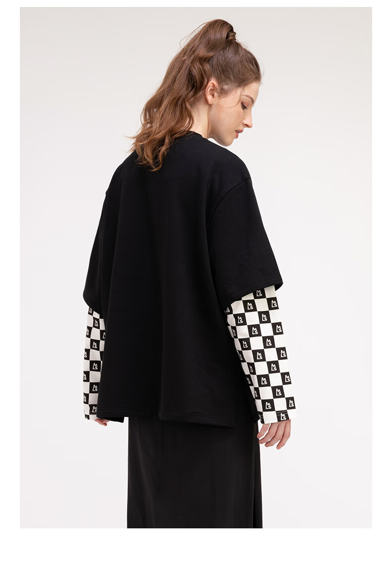 magnlens春夏黑色棋盘格上衣女宽松假两件t恤长袖打底衫t恤黑色170