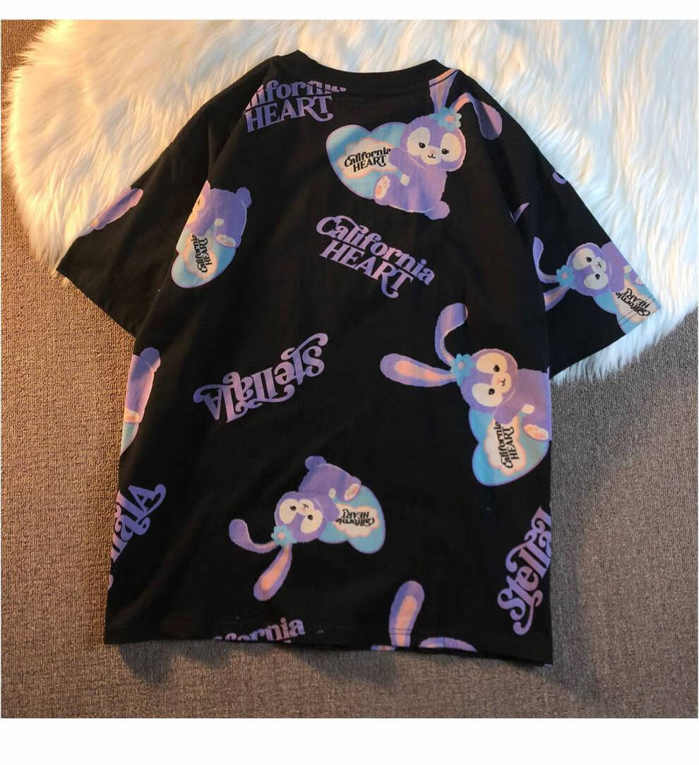 jianyinz潮牌卡通兔子满印短袖t恤男宽松oversize上衣 黑色 m