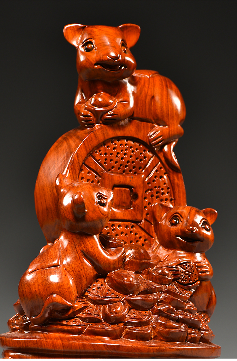 黛安缇花梨木雕老鼠摆件十二生肖实木质雕刻家居客厅装饰红木工艺品