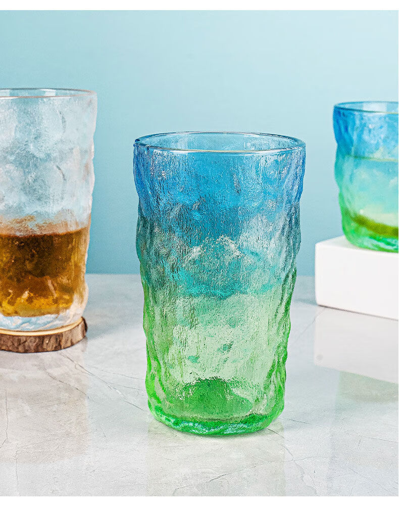 【暮暮渐变冰川杯2只】纹玻璃杯北欧餐厅果汁杯气泡水杯创意树皮纹杯