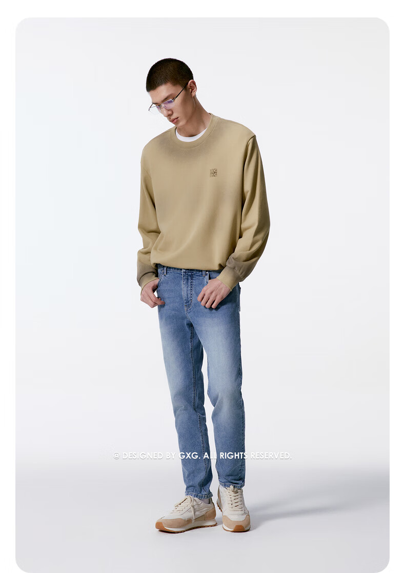 GXG Men's Khaki Spray Color Crewneck Sweatshirt 2024 Autumn New Khaki 170/M 5