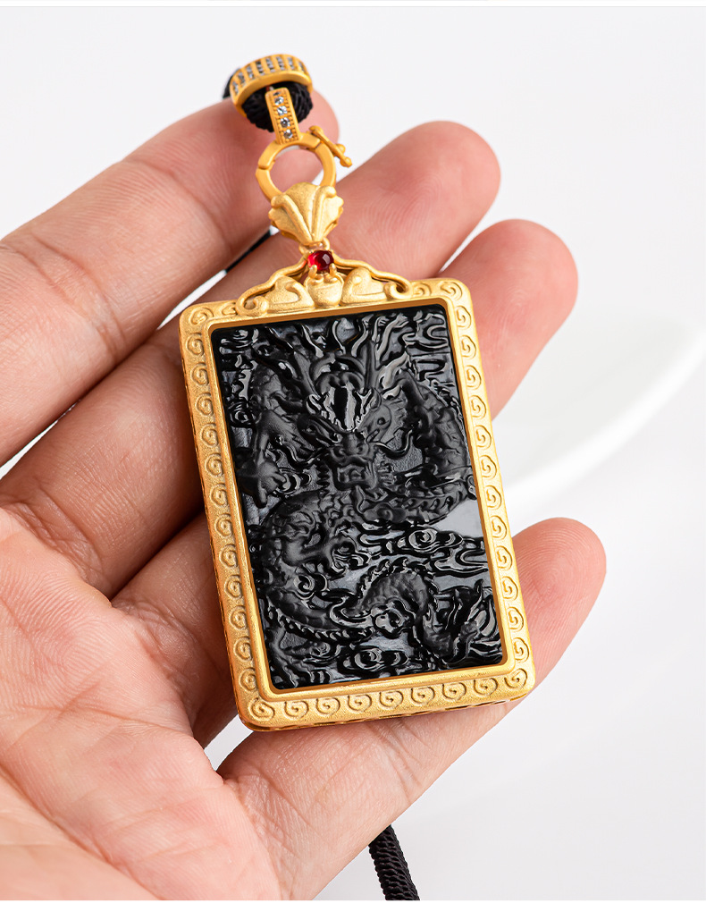 timeswind时尚墨翠s925方形龙吊坠冰种挂件男款玉坠 墨翠龙牌 黄金色