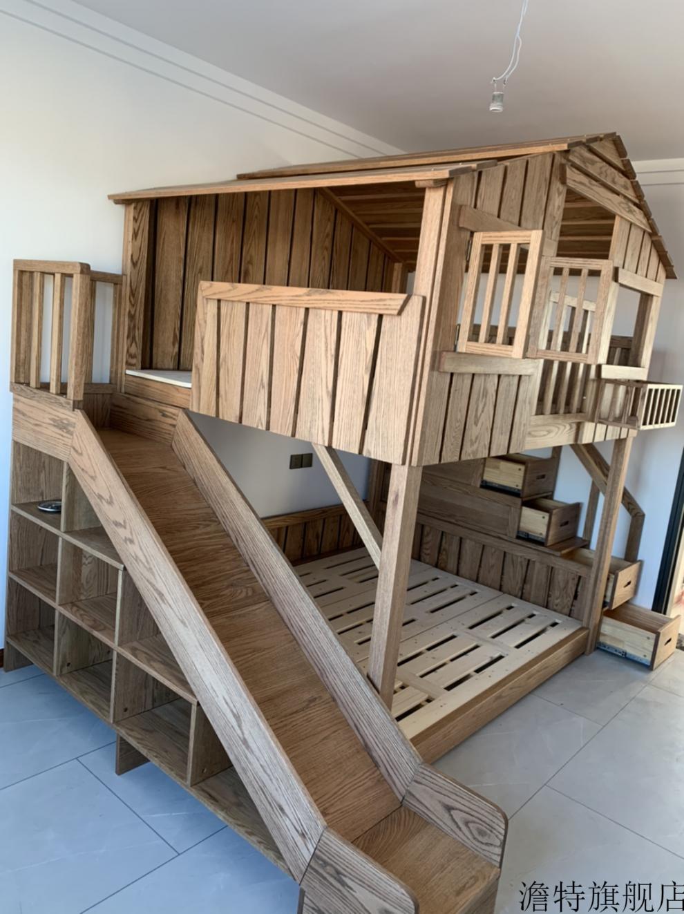 美式实木儿童树屋床美式儿童树屋床实木双层上下高低铺带滑梯阁楼秘密