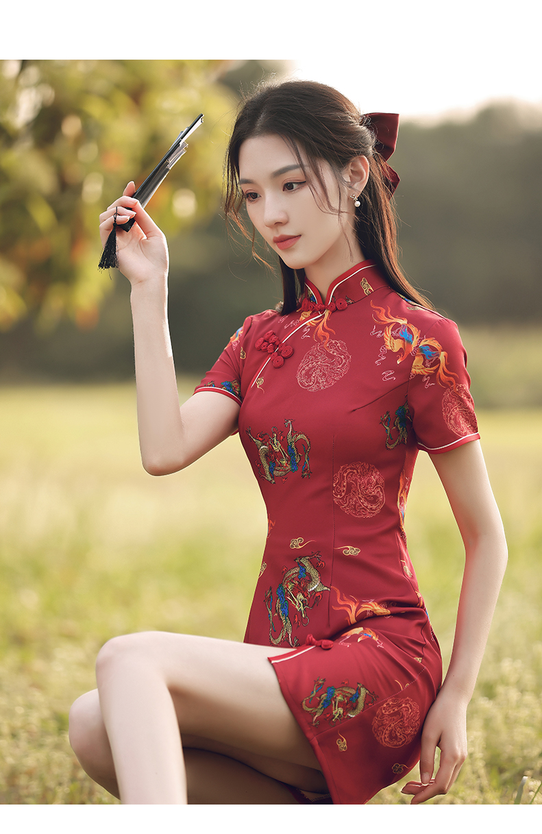 mlcriyg旗袍年轻款少女2021新款复古红色中国风小个子国潮夏季短款