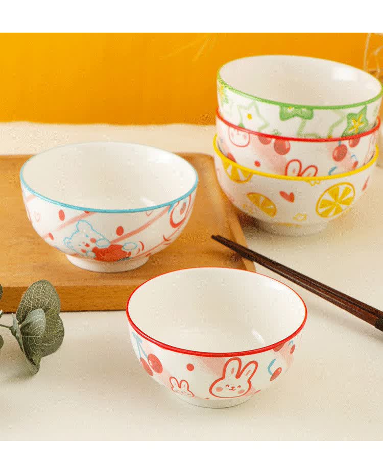 石纹陶瓷米饭碗卡通儿童创意吃饭碗日式可爱沙拉碗家用泡面碗汤碗餐具