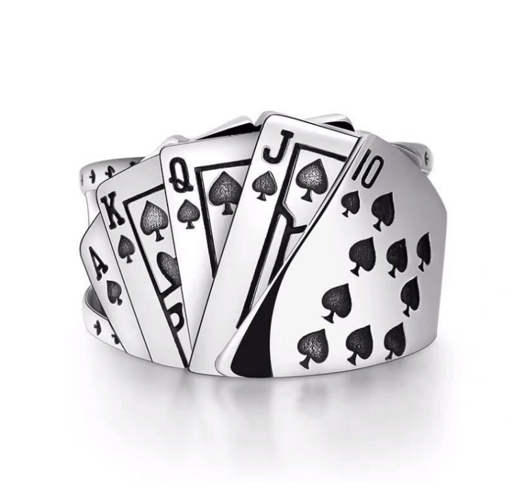 欧美戒指男霸气黑桃同花顺戒指单身男女个性扑克牌指环复古开运方块
