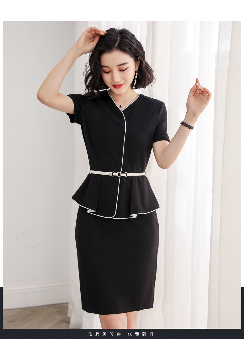 女夏正式场合v领裙子荷叶边假两件养生馆珠宝店工作服藏青色连衣裙m