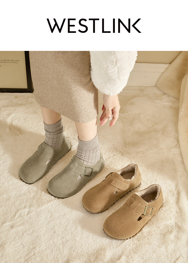 Westlink All-Wool Birkenstock-Style Women's Fleece-Lined Shoes, New Winter 2024 Soft-Soled Cotton Shoes, Warm Slip-On Fluffy Shoes, Brown, Size 37 1