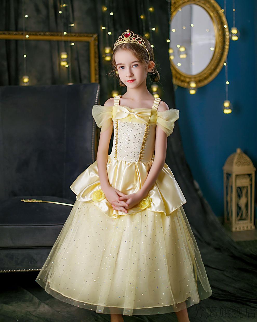 贝儿公主裙cos服女童贝儿公主裙夏儿童吊带时尚黄色蓬蓬礼服美女与