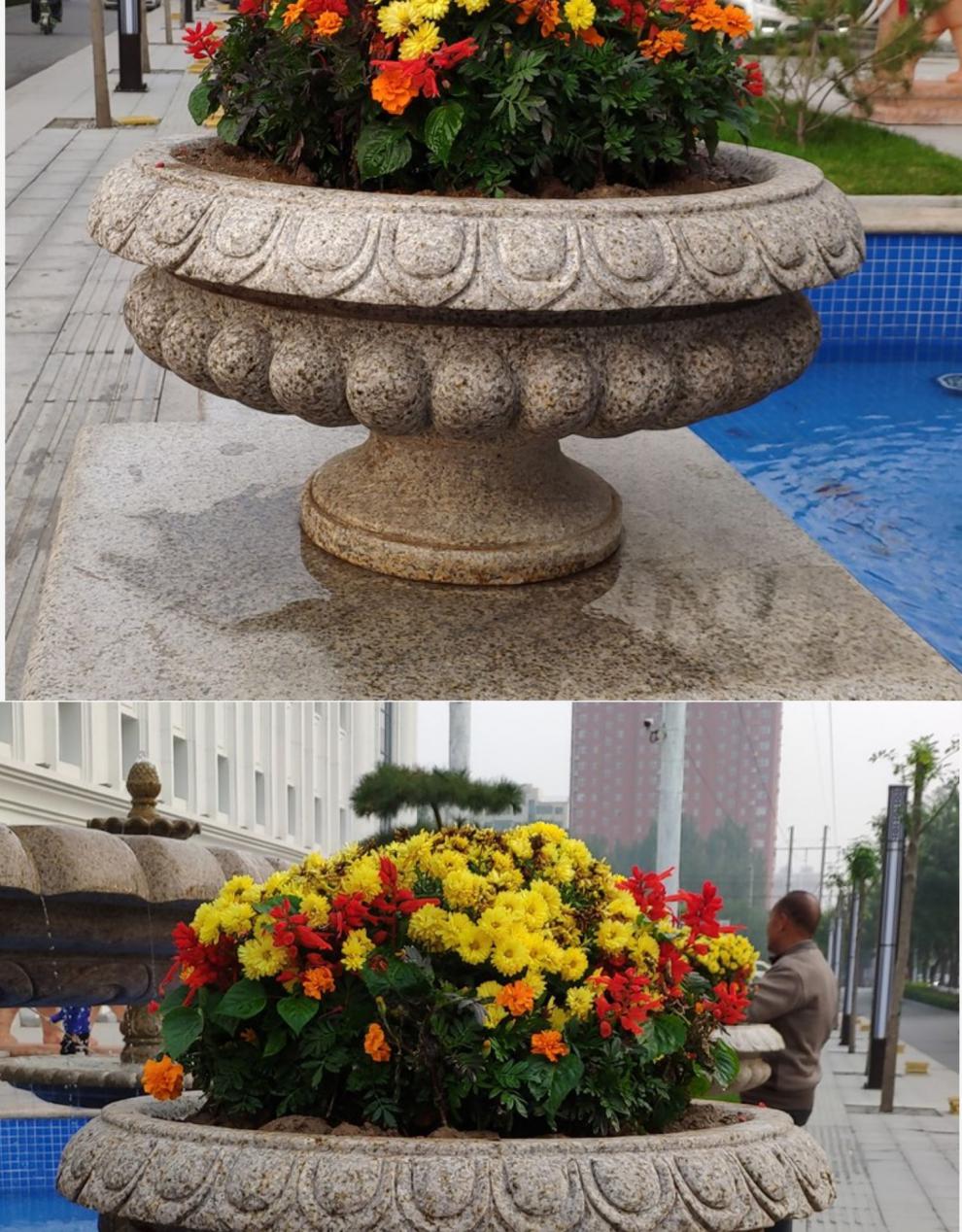 花盆黄锈石花坛庭院别墅景观花岗岩石材花钵雕塑定制直径40厘米