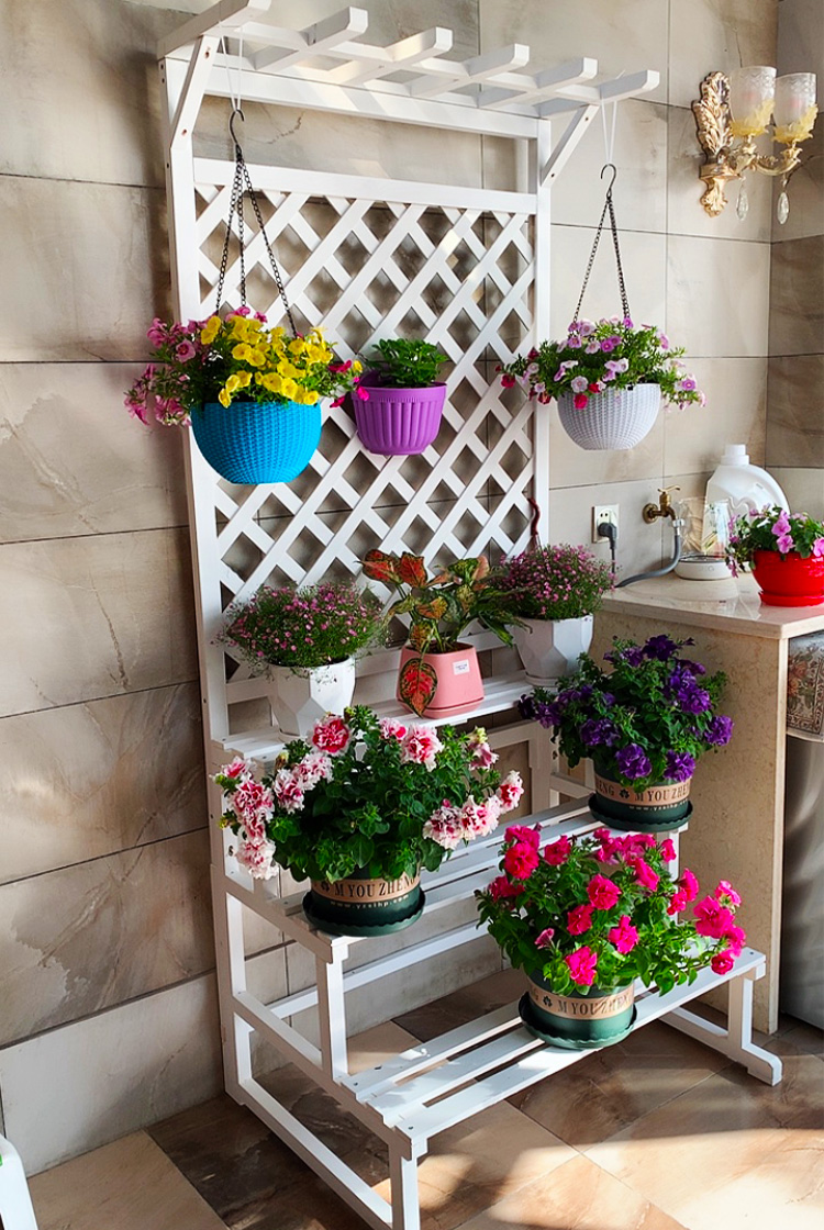 阳台花架落地式多层阶梯花架子室内客厅实木网格置物花盆架单网格碳化