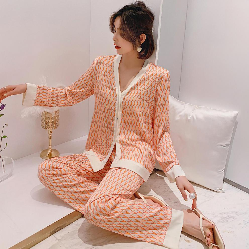 南极人高档真丝睡衣女桑蚕丝春秋季女士法式丝绸家居服套装 cm#8581