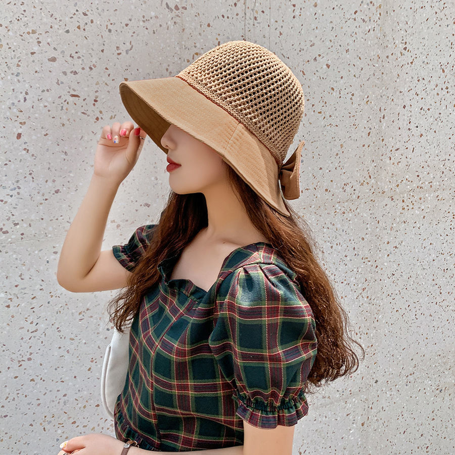 直播现货网红针织顶拼接渔夫帽子女拼色蝴蝶结遮阳帽百搭盆帽 黄色-拼