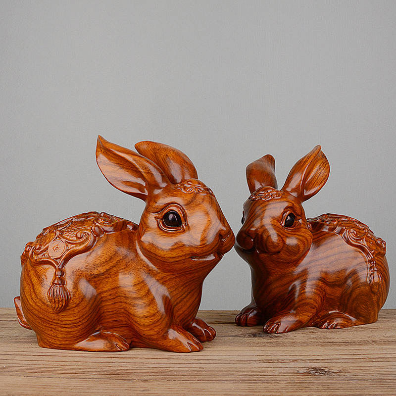 黑檀木雕兔子摆件一对生肖兔家居客厅办公室装饰品红
