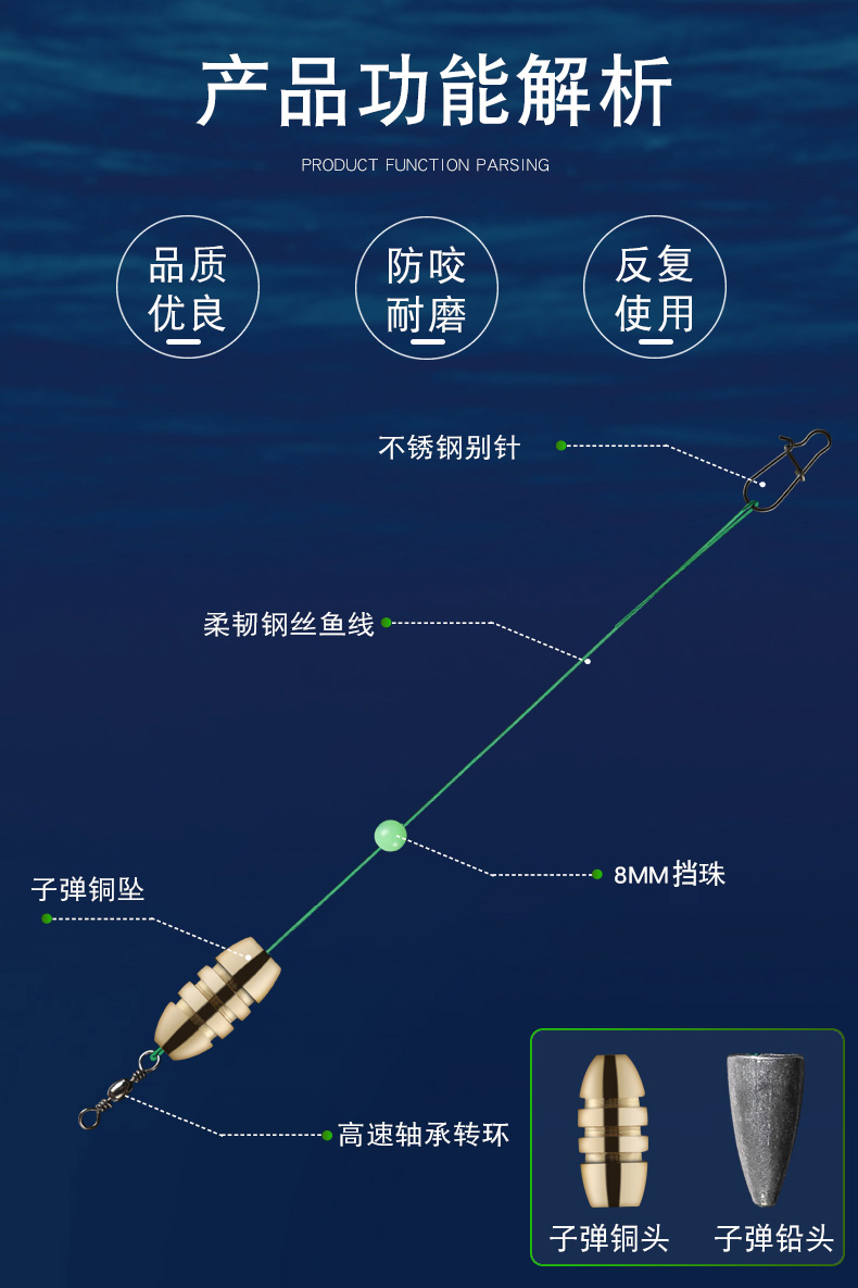 奈野蓝乔路亚铜铅钢丝前导线远投防缠绕线组防咬线德州钓组垂钓用品