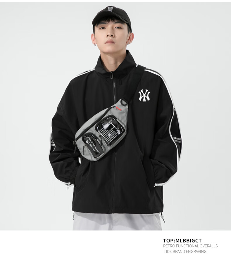 mlbny洋基队官方男士夹克休闲运动上衣潮流宽松外套男秋条纹外衣 黑色