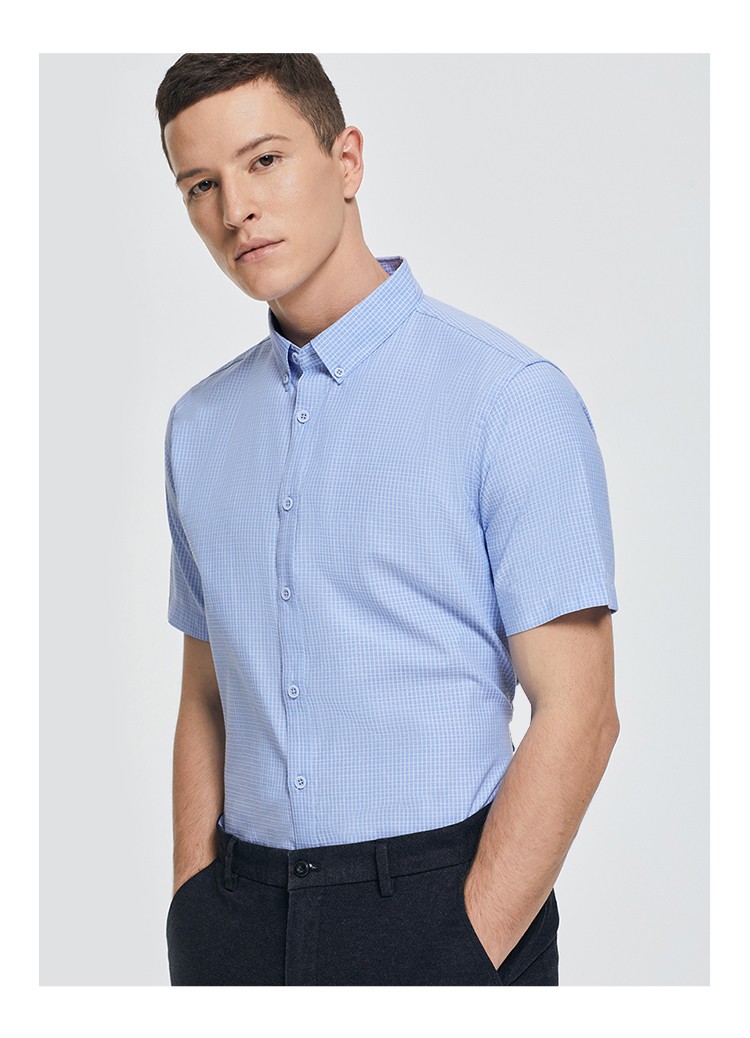 红豆男装 短袖衬衫男夏季新款薄款格纹尖领男士夏衬衣 s3蓝灰格 175