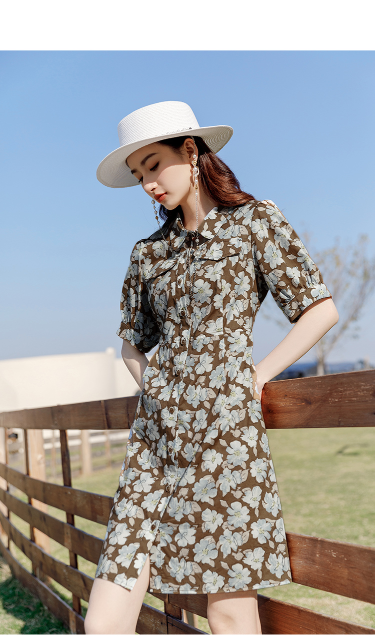 熙然2022夏新款镂空衬衫领栀子印花收腰显瘦单排扣泡泡袖连衣裙女棕色