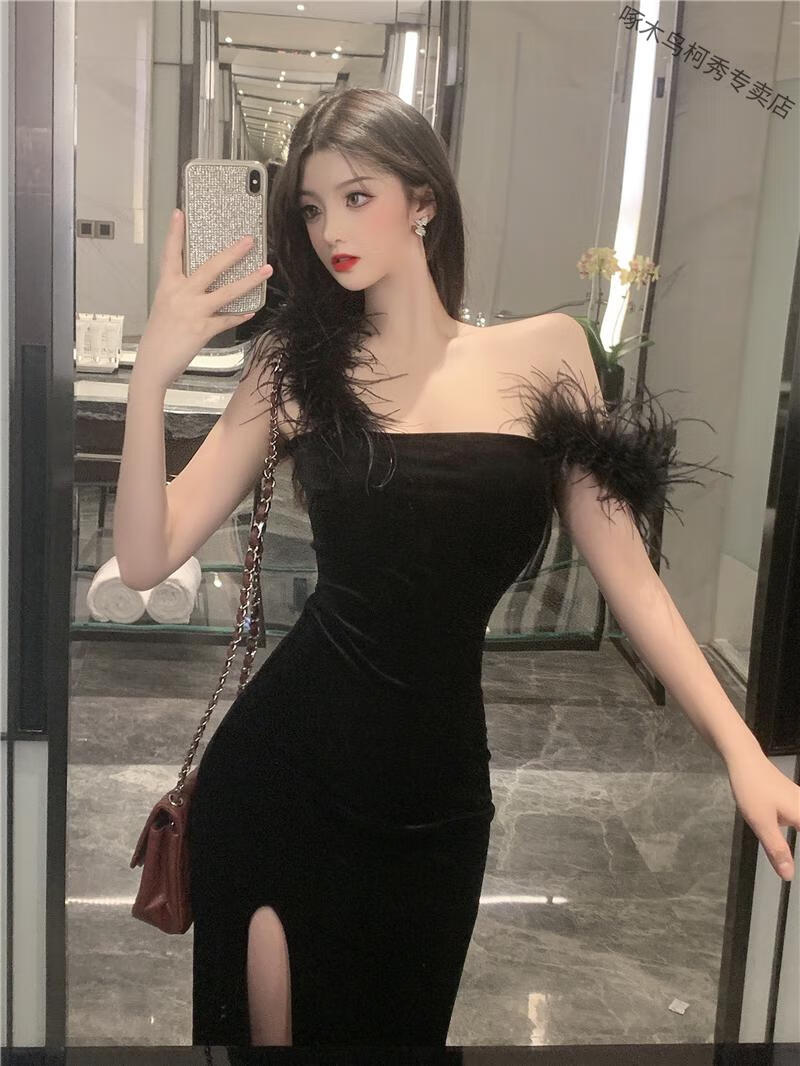 啄木鸟性感修身开叉包臀羽毛抹胸连衣裙修身夜场ktv年会派对长裙黑色s