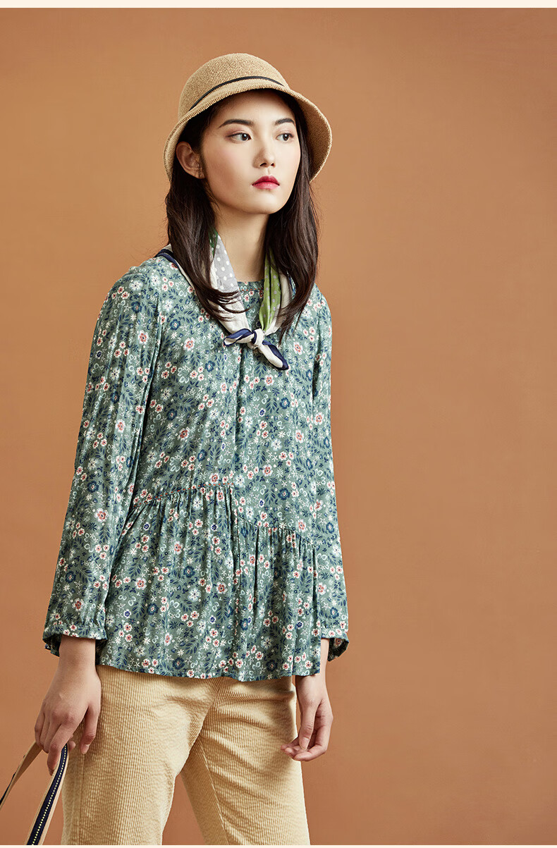 渔牌女装外套女2021年新款秋满身印花宽松长袖上衣女t恤灰绿17592axl