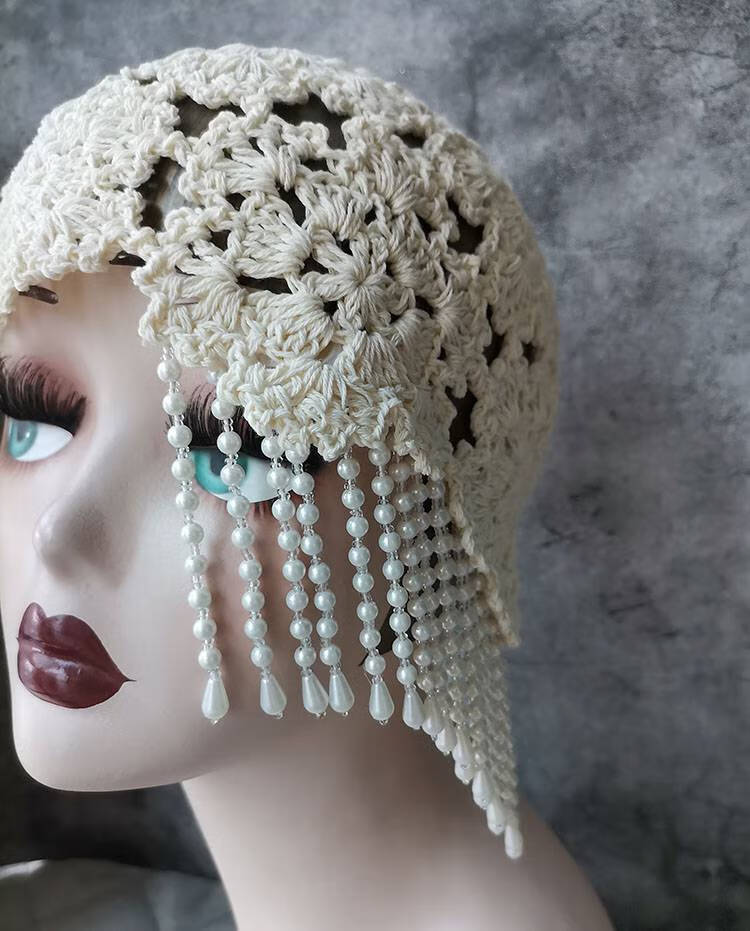 复古异域珍珠长流苏时装帽子手钩花朵针织包头帽女春头巾帽瓜皮帽黑色