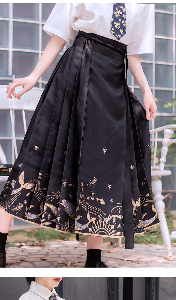 汉服明制马面裙半身鲸落汉服夏季马面裙女日常八分改良汉元素一片式裙