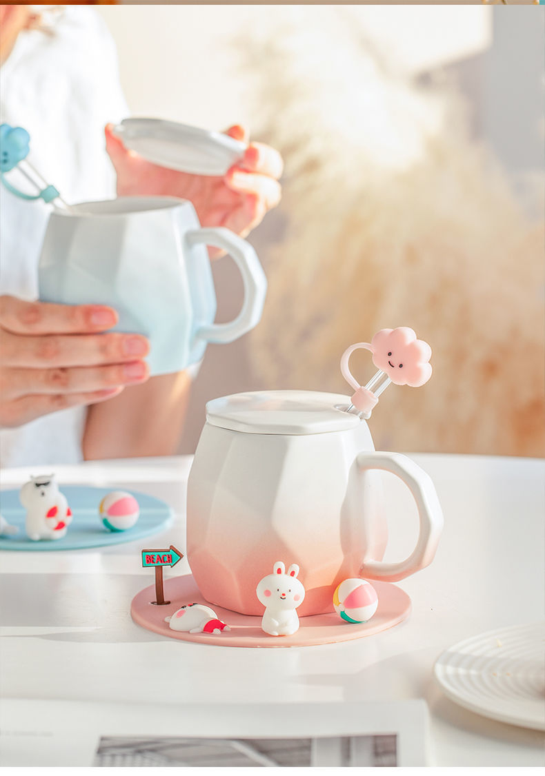 孟家瓷坊杯子女可爱陶瓷马克杯带盖勺网红水杯带吸管少女ins风家用雪