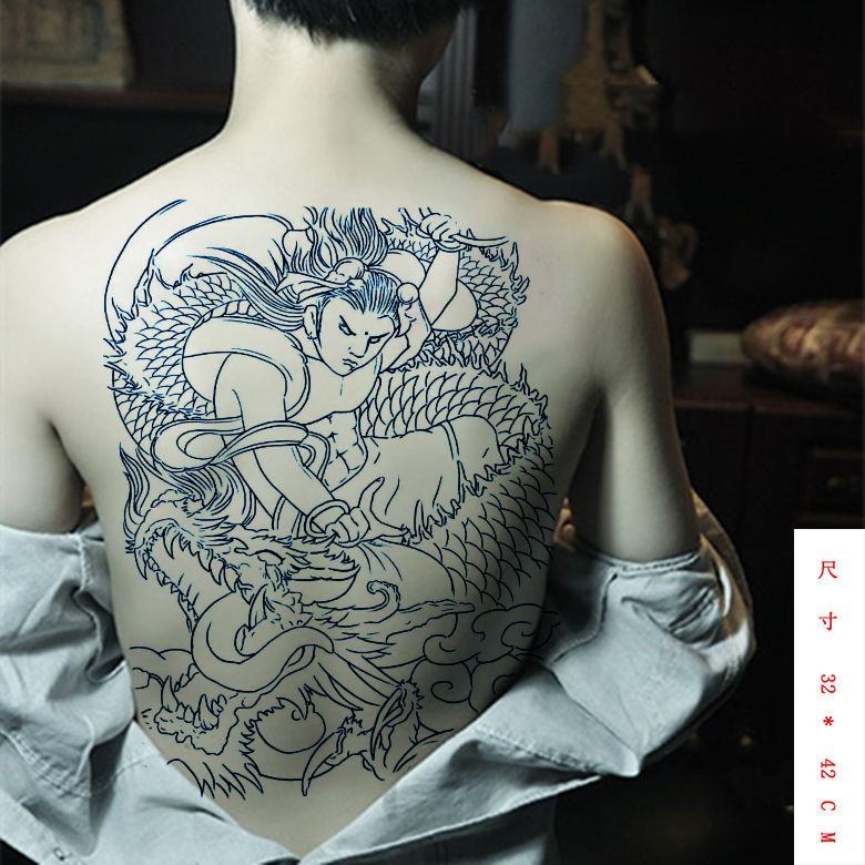 hnxc新品满背纹身贴哪咤闹海防水纹身贴男彩色浪花女仿真刺青色线条