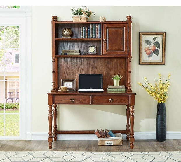 嘉际 书桌书架组合书桌柜一体桌卧室简约学生写字台家用实木电脑桌 白色书桌1.2米+书架+书椅 否