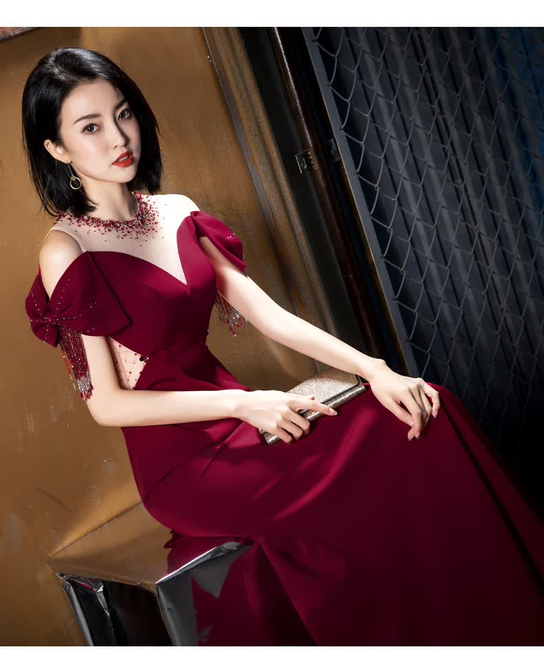 罗蒙(romon)鱼尾敬酒服新娘2022新款长款宴会酒红色主持人订婚晚礼服