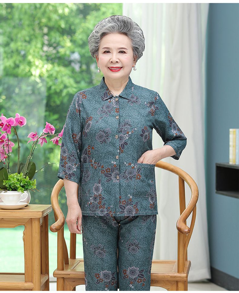 中老年人夏装棉绸套装女老太太两件套70岁80老人绵绸衣服奶奶翻领 浅