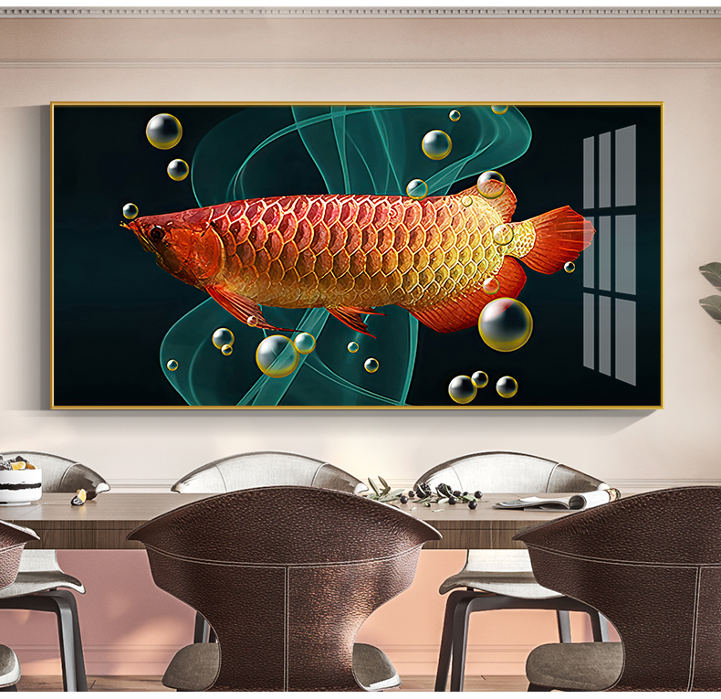 金龙鱼餐厅饭厅装饰画歺厅背景墙面壁画新中式餐桌单幅挂画招财龙鱼g