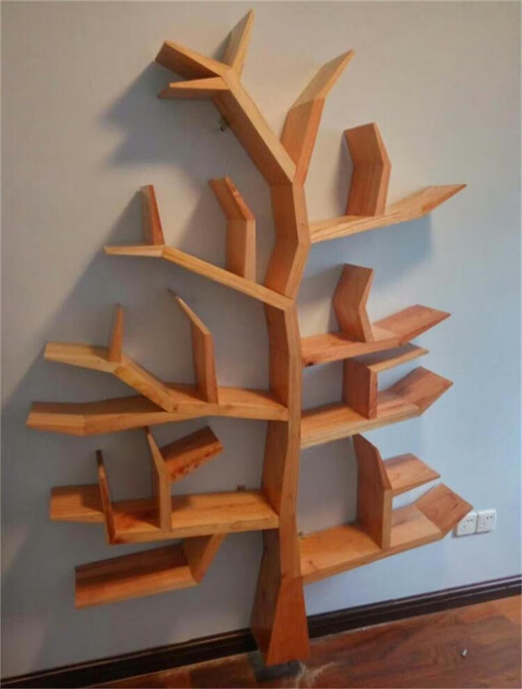 树形书架美式创意实木艺术树形墙壁落地书架置物架客厅卧室背景装饰架