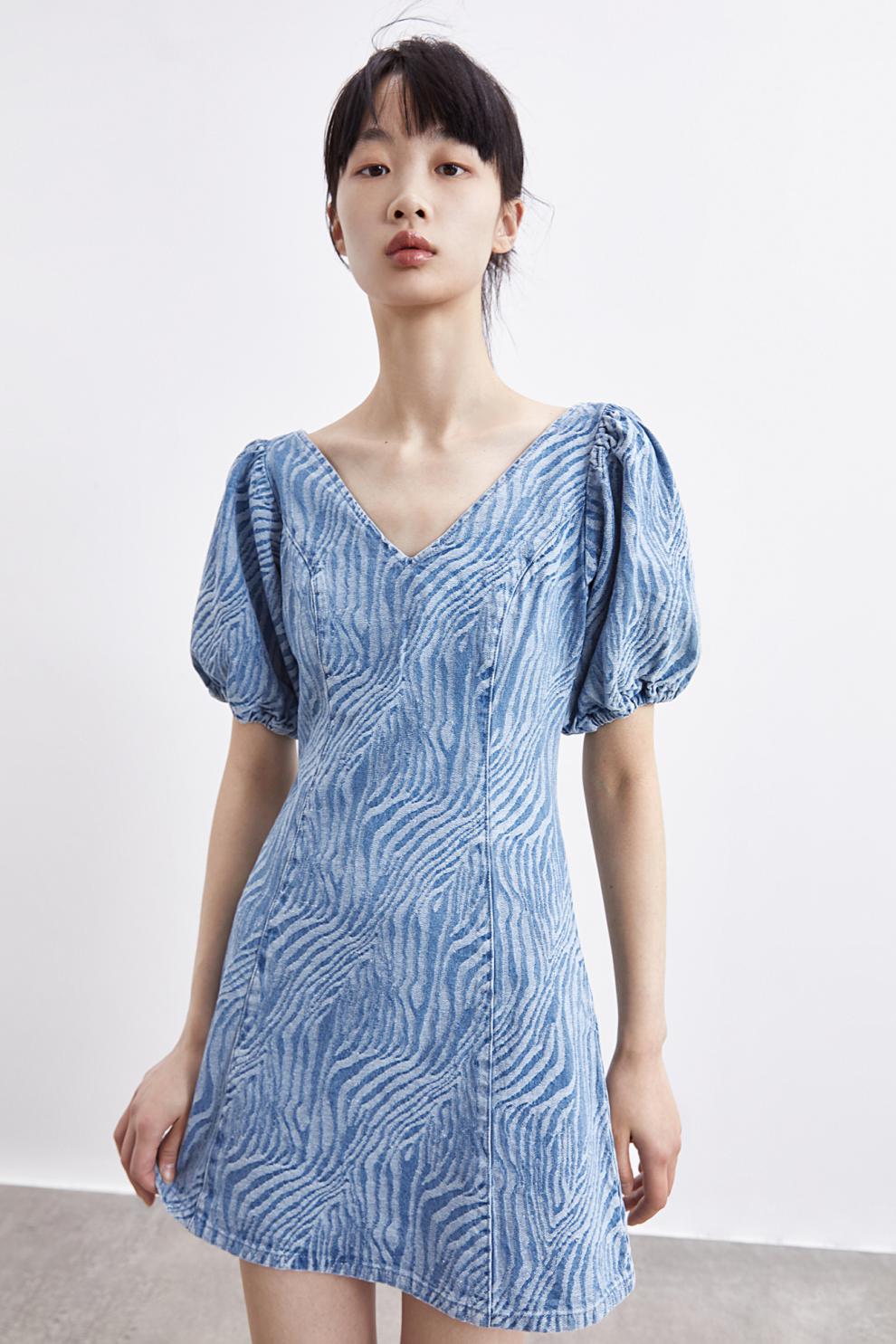 ur2021春夏新品青春女装时尚泡泡袖修腰宝藏连衣裙yv17rbne2000 蓝色