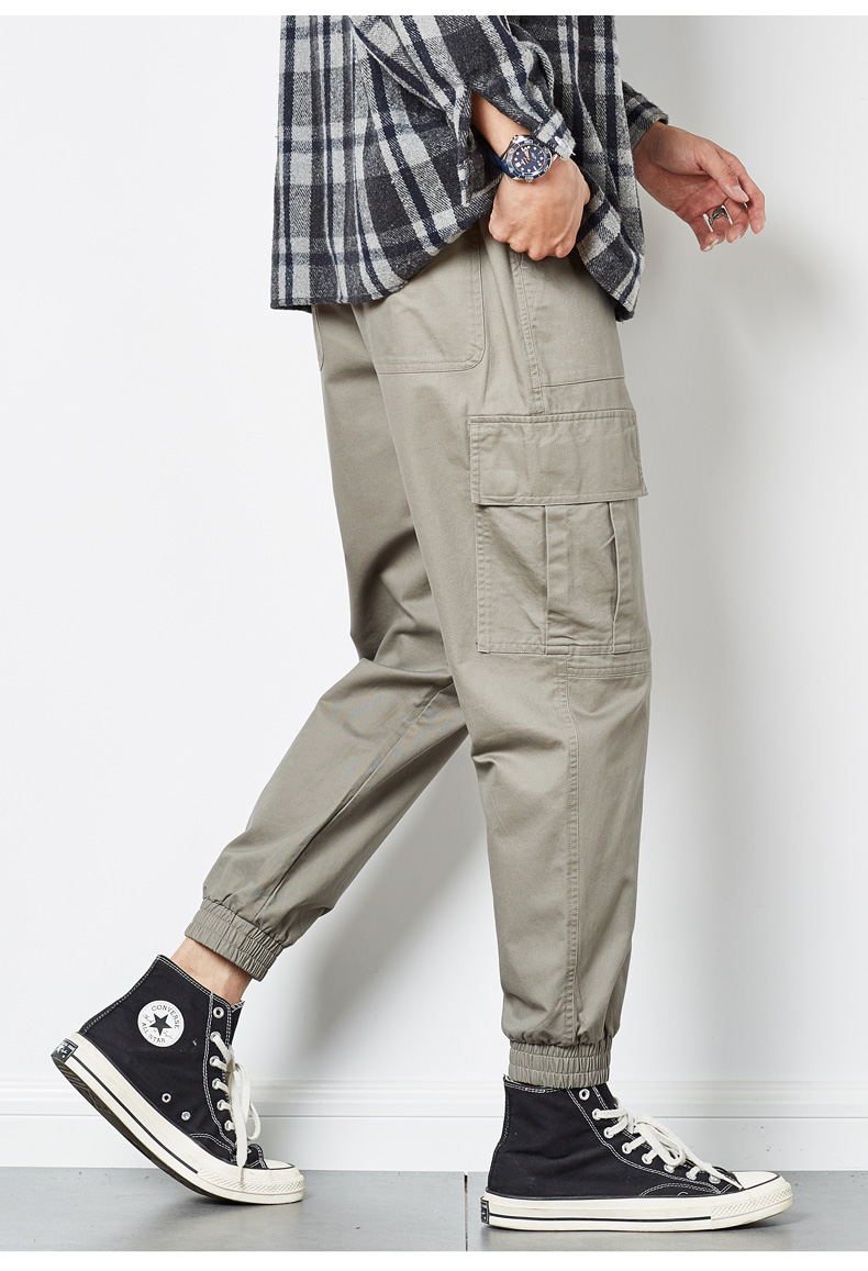 唐狮休闲裤男2021秋冬新款宽松工装束腿长裤男士 灰黄绿 l