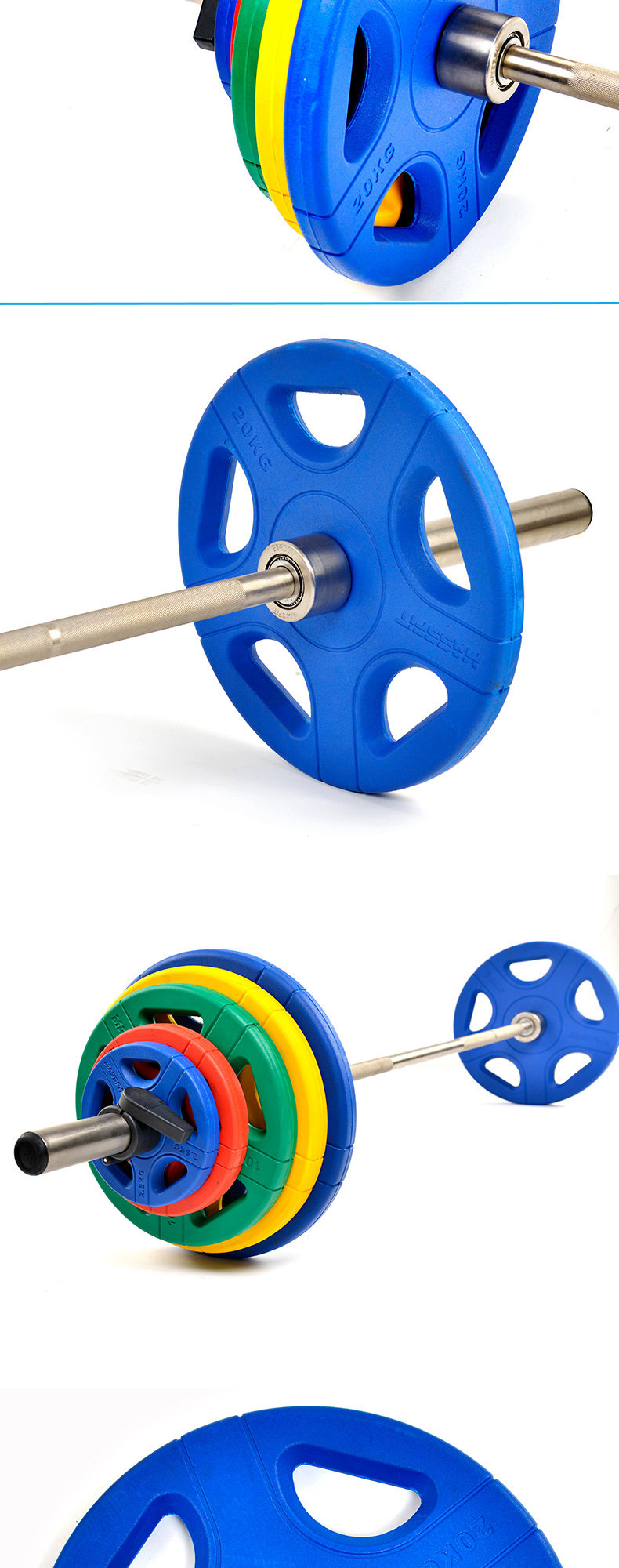杠铃片彩色五孔包胶手抓大孔奥片125255101520kg奥杆专用五孔彩胶杠铃