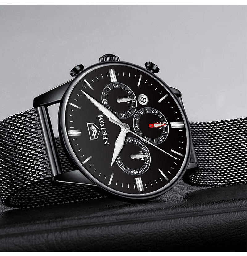 耐顿nektom手表男士潮流网带石英表时尚防水夜光腕表 全玫蓝面网带