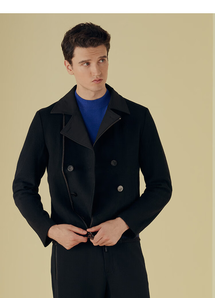 jodoll乔顿羊绒羊毛大衣男修身潮流休闲帅机车短款大衣夹克外套 黑色