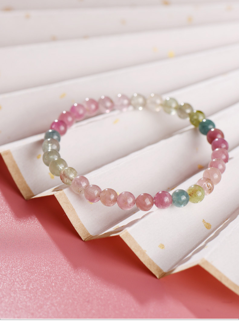 马卡龙碧玺单圈手链女糖果七彩虹水晶粉双色手串饰品 净手围15cm