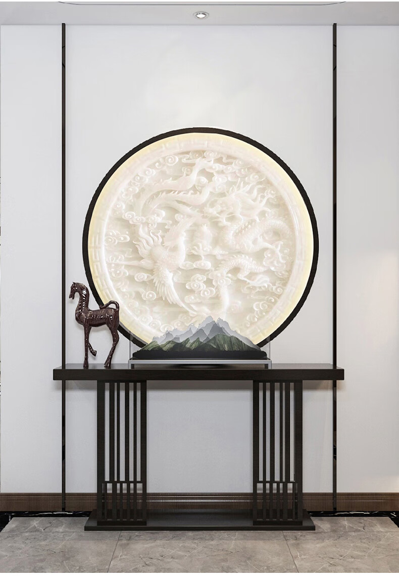 万蔻轻奢品牌现代中式天然玉石浮雕背景墙玄关屏风隔断镂空客厅餐厅